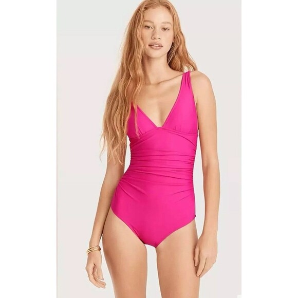 J. Crew NWT Ruched V Neck One Piece Sz 14 Swimsuit Fuchsia BC116 Full Coverage - Picture 1 of 10
